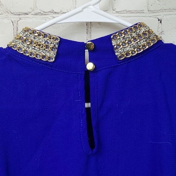 Moa Moa Cobalt Blue Crystal Gold Chain Neck Crepe Blouse Dressy Career Top Suit - Picture 7 of 9